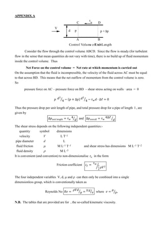 APPENDIX A
Consider the flow through the control volume ABCD. Since the flow is steady (for turbulent
flow in the sense that mean quantities do not vary with time), there is no build up of fluid momentum
inside the control volume. Thus
Net Force on the control volume = Net rate at which momentum is carried out
On the assumption that the fluid is incompressible, the velocity of the fluid across AC must be equal
to that across BD. This means that the net outflow of momentum from the control volume is zero.
So
pressure force on AC – pressure force on BD – shear stress acting on walls · area = 0
⁄ ( ) ⁄
Thus the pressure drop per unit length of pipe, and total pressure drop for a pipe of length l , are
given by
⁄ and ⁄
The shear stress depends on the following independent quantities:-
quantity symbol dimensions
velocity V L T–1
pipe diameter d L
fluid friction  M L–1 T–1 and shear stress has dimensions M L–1 T–2
fluid density  M L–3
It is convenient (and convention) to non-dimensionalise w in the form
Friction coefficient ⁄
The four independent variables V, d,  and  can then only be combined into a single
dimensionless group, which is conventionally taken as
Reynolds No ⁄ ⁄ where ⁄ ,
N.B. The tables that are provided are for , the so-called kinematic viscosity.
A B
C D
V
p p + p
w
d
Control Volume ofUnitLength
 