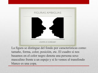 La figura se distingue del fondo por características como:
tamaño, forma, color, posición, etc. El cuadro si nos
basamos en el color negro denota una persona sexo
masculino frente a un espejo y si lo vemos el transfondo
blanco es una copa.
 