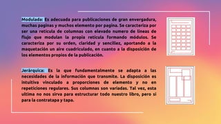 Modulada: Es adecuada para publicaciones de gran envergadura,
muchas paginas y muchos elemento por pagina. Se caracteriza por
ser una retícula de columnas con elevado numero de líneas de
flujo que modulan la propia retícula formando módulos. Se
caracteriza por su orden, claridad y sencillez, aportando a la
maquetación un aire cuadriculado, en cuanto a la disposición de
los elementos propios de la publicación.
Jerárquica: Es la que fundamentalmente se adapta a las
necesidades de la información que transmite. La disposición es
intuitiva vinculado a proporciones de elemento y no en
repeticiones regulares. Sus columnas son variadas. Tal vez, esta
ultima no nos sirva para estructurar todo nuestro libro, pero si
para la contratapa y tapa.
 