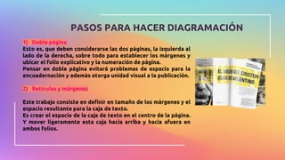 PASOS PARA HACER DIAGRAMACIÓN
1) Doble página
Esto es, que deben considerarse las dos páginas, la izquierda al
lado de la derecha, sobre todo para establecer los márgenes y
ubicar el folio explicativo y la numeración de página.
Pensar en doble página evitará problemas de espacio para la
encuadernación y además otorga unidad visual a la publicación.
2) Retículas y márgenes
Este trabajo consiste en definir en tamaño de los márgenes y el
espacio resultante para la caja de texto.
Es crear el espacio de la caja de texto en el centro de la página.
Y mover ligeramente esta caja hacia arriba y hacia afuera en
ambos folios.
 