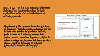 Boxes o caja – un box es un espacio gráﬁcamente
delimitado que usualmente incluye un texto
explicativo o sobre el asunto relacionado al
artículo principal.
Encabezado y Pie – marcan la cumbre y la base
de la página, respectivamente, incluyendo marcas
básicas como nombre del periódico, editoría,
fecha, número de la edición y número de la
página; cuando es usado en la primera página, la
cabecera incluye aún la marca del diario, precio y
algunos nombres del equipo periodístico
(presidente, director, editor-jefe).
 