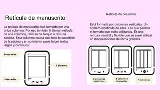 Retícula de manuscrito
La retícula de manuscrito está formada por una
única columna. Por eso también la llaman retícula
de una columna, retícula de bloque o retícula
sencilla. Esta columna ocupa casi toda la superficie
de la página y en su interior suele haber textos
largos y continuos.
Retícula de columnas
Está formada por columnas verticales. Un
número indefinido de ellas. Las que permita
el formato que estés utilizando. Es una
retícula versátil y flexible que se suele utilizar
en maquetaciones de libros grandes.
 
