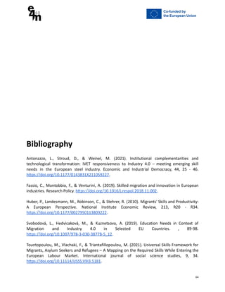 Bibliography
Antonazzo, L., Stroud, D., & Weinel, M. (2021). Institutional complementarities and
technological transformation: IVET responsiveness to Industry 4.0 – meeting emerging skill
needs in the European steel industry. Economic and Industrial Democracy, 44, 25 - 46.
https://doi.org/10.1177/0143831X211059227.
Fassio, C., Montobbio, F., & Venturini, A. (2019). Skilled migration and innovation in European
industries. Research Policy. https://doi.org/10.1016/j.respol.2018.11.002.
Huber, P., Landesmann, M., Robinson, C., & Stehrer, R. (2010). Migrants' Skills and Productivity:
A European Perspective. National Institute Economic Review, 213, R20 - R34.
https://doi.org/10.1177/0027950113803222.
Svobodová, L., Hedvicaková, M., & Kuznetsova, A. (2019). Education Needs in Context of
Migration and Industry 4.0 in Selected EU Countries. , 89-98.
https://doi.org/10.1007/978-3-030-38778-5_12.
Tountopoulou, M., Vlachaki, F., & Triantafillopoulou, M. (2021). Universal Skills Framework for
Migrants, Asylum Seekers and Refugees – A Mapping on the Required Skills While Entering the
European Labour Market. International journal of social science studies, 9, 34.
https://doi.org/10.11114/IJSSS.V9I3.5181.
64
 