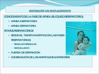 RESPIRACIÓN   SIN DESPLAZAMIENTO CONOCIMIENTO DE LA FASE DE APNEA (BLOQUEO RESPIRATORIO). APNEA INSPIRATORIA APNEA ESPIRATORIA RITMOS RESPIRATORIOS SEGÚN EL TIEMPO INVERTIDO EN LAS FASES  RESPIRATORIAS: REGULAR-IRREGULAR RÁPIDO-LENTO FUERZA DE ESPIRACIÓN COMBINACIÓN DE LOS APARTADOS ANTERIORES 