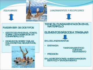 EQUILIBRIOS LANZAMIENTOS Y RECEPCIONES PUEDEN SER  DE DOS TIPOS: ESTÁTICOS (PINO EN EL FONDO, SOBRE LOS HOMBROS DE UN COMPAÑERO, ETC) DINÁMICOS: SOBRE TABLAS, COLCHONETAS, NEUMÁTICOS, ETC. TIENE SU FUNDAMENTACIÓN EN EL WATERPOLO ELEMENTOS BÁSICOS A TRABAJAR EN LOS LANZAMIENTOS DISTANCIA  TANTO EN ESTÁTICO  COMO EN  MOVIMIENTO PRECISIÓN EN LAS RECEPCIONES: AMBAS MANOS EN ESTÁTICO Y EN MOVIMIENTO 