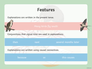 Features
Explanations are written in the present tense.
Conjunctions that signal time are used in explanations.
then next several months later
Explanations are written using causal connectives.
because so this causes
Many birds fly south
 