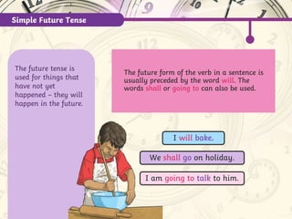 Simple Future Tense
The future tense is
used for things that
have not yet
happened – they will
happen in the future.
The future form of the verb in a sentence is
usually preceded by the word will. The
words shall or going to can also be used.
We shall go on holiday.
I will bake.
I am going to talk to him.
 
