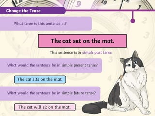 Change the Tense
The cat sits on the mat.
The cat will sit on the mat.
What tense is this sentence in?
This sentence is in simple past tense.
The cat sat on the mat.
What would the sentence be in simple present tense?
What would the sentence be in simple future tense?
 