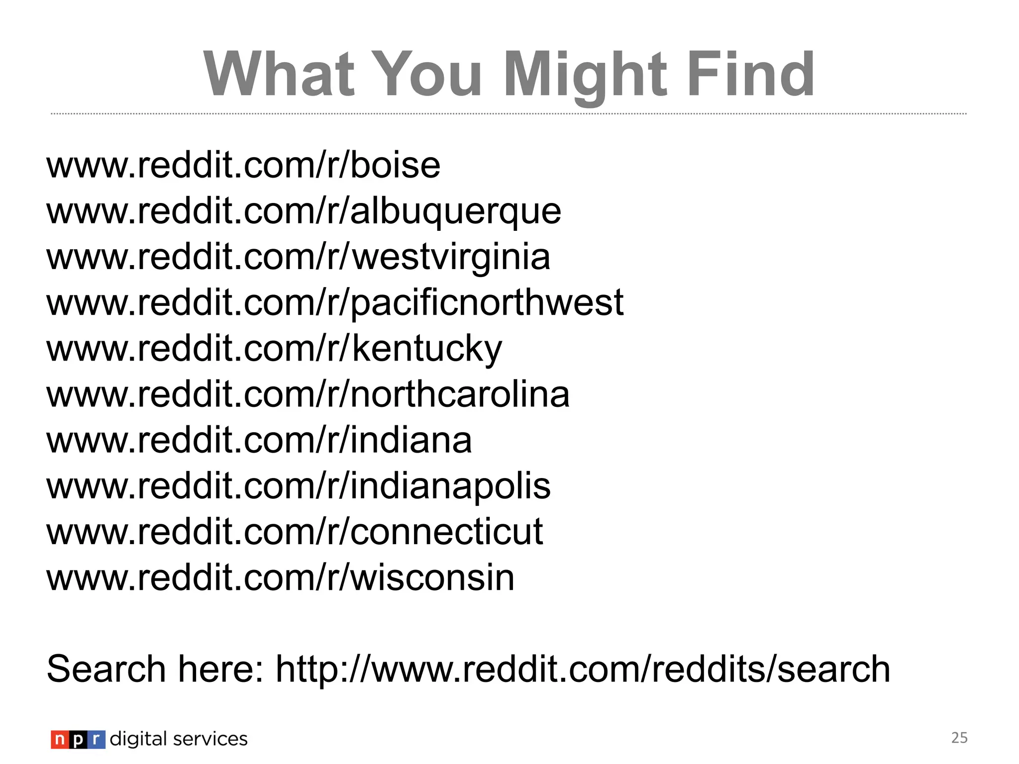 25
What You Might Find
www.reddit.com/r/boise
www.reddit.com/r/albuquerque
www.reddit.com/r/westvirginia
www.reddit.com/r/pacificnorthwest
www.reddit.com/r/kentucky
www.reddit.com/r/northcarolina
www.reddit.com/r/indiana
www.reddit.com/r/indianapolis
www.reddit.com/r/connecticut
www.reddit.com/r/wisconsin
Search here: http://www.reddit.com/reddits/search
 