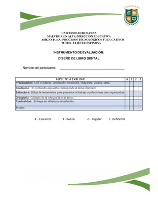 UNIVERSIDAD HOSANNA
MAESTRÍA EN ALTA DIRECCIÓN EDUCATIVA
ASIGNATURA: PROCESOS TECNOLÓGICOS Y EDUCATIVOS
TUTOR: ELIÉCER ESPINOSA
INSTRUMENTO DE EVALUACIÓN:
DISEÑO DE LIBRO DIGITAL
Nombre del participante: ______________________________________
4 – Excelente 3 - Bueno 2 – Regular 1- Deficiente
ASPECTO A EVALUAR 4 3 2 1
Presentación: Link o enlaces, animación, contenido, imágenes, vídeos, otras.
Contenido: El contenido expuesto corresponde al tema solicitado
Estructura: Utiliza la herramienta para presentar el trabajo con las ideas bien organizadas.
Ortografía: Cuidado de la ortografía en el texto.
Puntualidad: Entrega en el tiempo establecido.
Totales
 