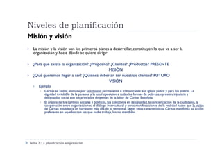 Niveles de planificación
Misión y visión
La misión y la visión son los primeros planes a desarrollar, constituyen lo que va a ser la
organización y hacia dónde se quiere dirigir
¿Para qué existe la organización? ¿Propósito? ¿Clientes? ¿Productos? PRESENTE
MISIÓN
¿Qué queremos llegar a ser? ¿Quiénes deberían ser nuestros clientes? FUTURO
VISIÓNVISIÓN
Ejemplo
Cáritas se siente animada por una misión permanente e irrenunciable: ser iglesia pobre y para los pobres. La
dignidad inviolable de la persona y la total oposición a todas las formas de pobreza, opresión, injusticia y
desigualdad social son los principios dirigentes de la labor de Cáritas Española.
El análisis de los cambios sociales y políticos, los colectivos en desigualdad, la concienciación de la ciudadanía, la
cooperación entre organizaciones, el diálogo intercultural y otras manifestaciones de la realidad hacen que la visión
de Cáritas establezca un horizonte más allá de lo temporal. Según estas características, Cáritas manifiesta su acción
preferente en aquellos con los que nadie trabaja, los no atendidos.
Tema 2: La planificación empresarial
 