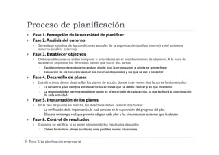 Proceso de planificación
Fase 1. Percepción de la necesidad de planificar
Fase 2.Análisis del entorno
Se realizan estudios de las condiciones actuales de la organización (análisis interno) y del ambiente
externo (análisis externo)
Fase 3. Establecer objetivos
Debe establecerse un orden temporal o prioridades en el establecimiento de objetivos.A la hora de
establecer objetivos, los directivos tienen que hacer dos tareas:
Establecimiento de estándares: evaluar dónde está la organización y dónde se quiere llegar
Evaluación de los recursos: evaluar los recursos disponibles y los que se van a necesitar
Fase 4. Desarrollo de planesFase 4. Desarrollo de planes
Los directivos deben desarrollar los planes de acción, donde intervienen dos factores fundamentales:
La secuencia y los tiempos establecerán las acciones que se deben realizar y en qué momento.
La responsabilidad permite establecer quién es el encargado de cada acción, lo que facilitará la coordinación
de cada actividad.
Fase 5. Implantación de los planes
En la fase de puesta en marcha, los directivos deben realizar dos tareas:
La verificación de la implantación, la cual consiste en la supervisión del progreso del plan
El ajuste en tiempo real, que permite adaptar cada plan a las circunstancias externas que le afectan
Fase 6. Control de resultados
Consiste en verificar si se están obteniendo los resultados deseados
Deben formularse planes auxiliares, ante posibles nuevas situaciones.
Tema 2: La planificación empresarial
 