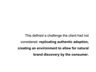Planning for Opportunity This defined a challenge the client had not considered:  replicating authentic adoption, creating an environment to allow for natural brand discovery by the consumer. 