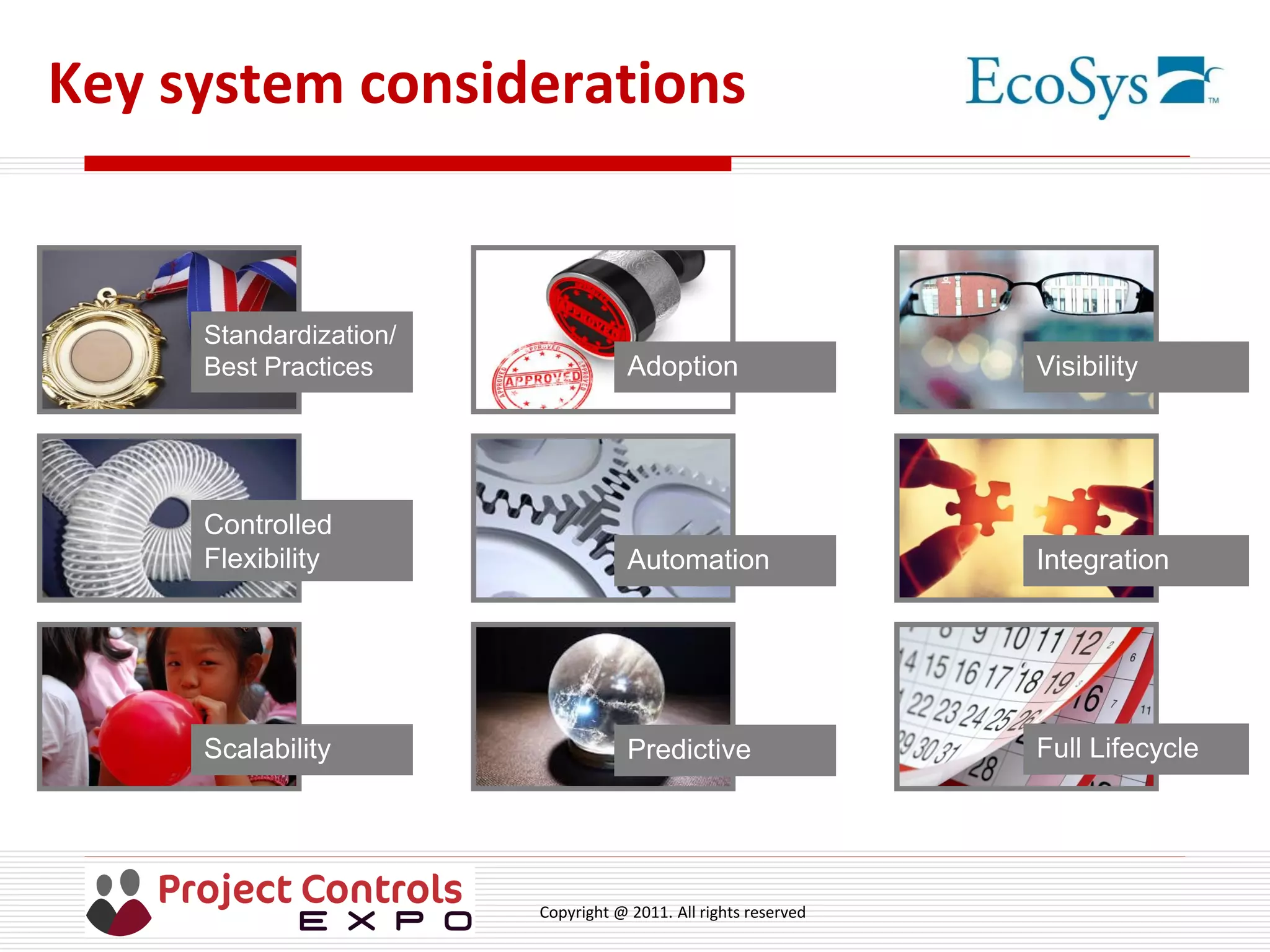 Copyright @ 2011. All rights reserved
Key system considerations
Standardization/
Best Practices
Controlled
Flexibility
Scalability
Adoption
Automation
Predictive
Visibility
Integration
Full Lifecycle
 