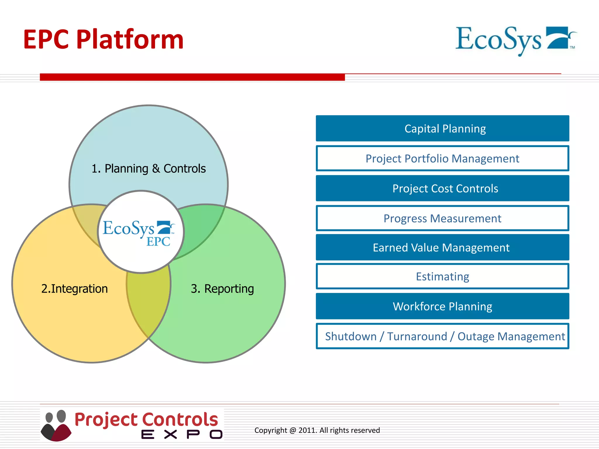 Copyright @ 2011. All rights reserved
EPC Platform
Capital Planning
Project Portfolio Management
Project Cost Controls
Progress Measurement
Earned Value Management
Estimating
Workforce Planning
Shutdown / Turnaround / Outage Management
1. Planning & Controls
3. Reporting2.Integration
 