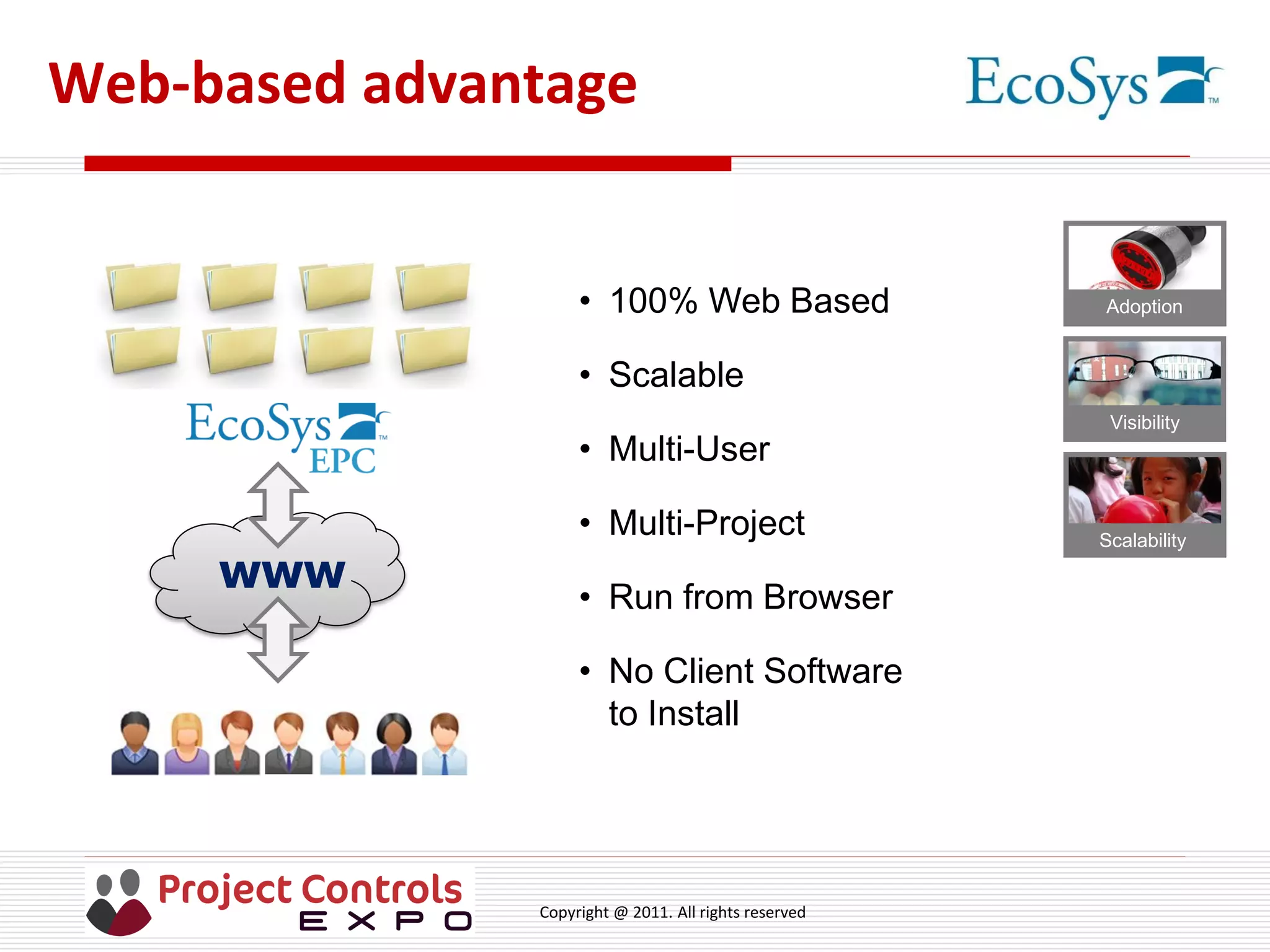 Copyright @ 2011. All rights reserved
Web-based advantage
www
• 100% Web Based
• Scalable
• Multi-User
• Multi-Project
• Run from Browser
• No Client Software
to Install
Visibility
Adoption
Scalability
 