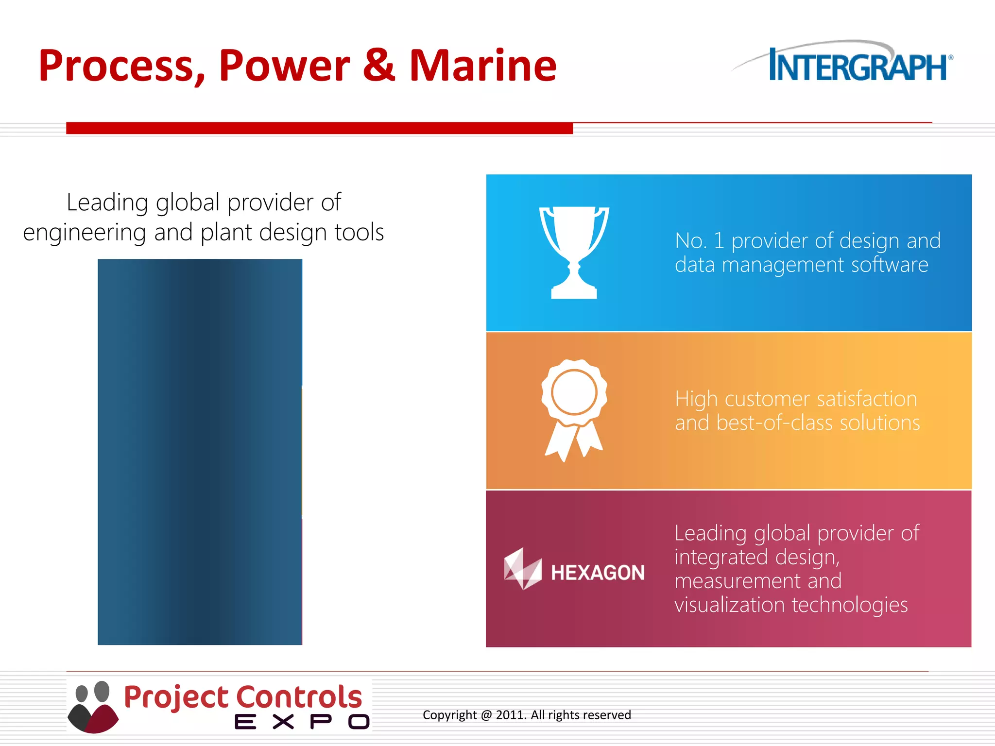 Copyright @ 2011. All rights reserved
Process, Power & Marine
CREATE
MANAGE
VISUALIZE
Leading global provider of
engineering and plant design tools No. 1 provider of design and
data management software
High customer satisfaction
and best-of-class solutions
Leading global provider of
integrated design,
measurement and
visualization technologies
 