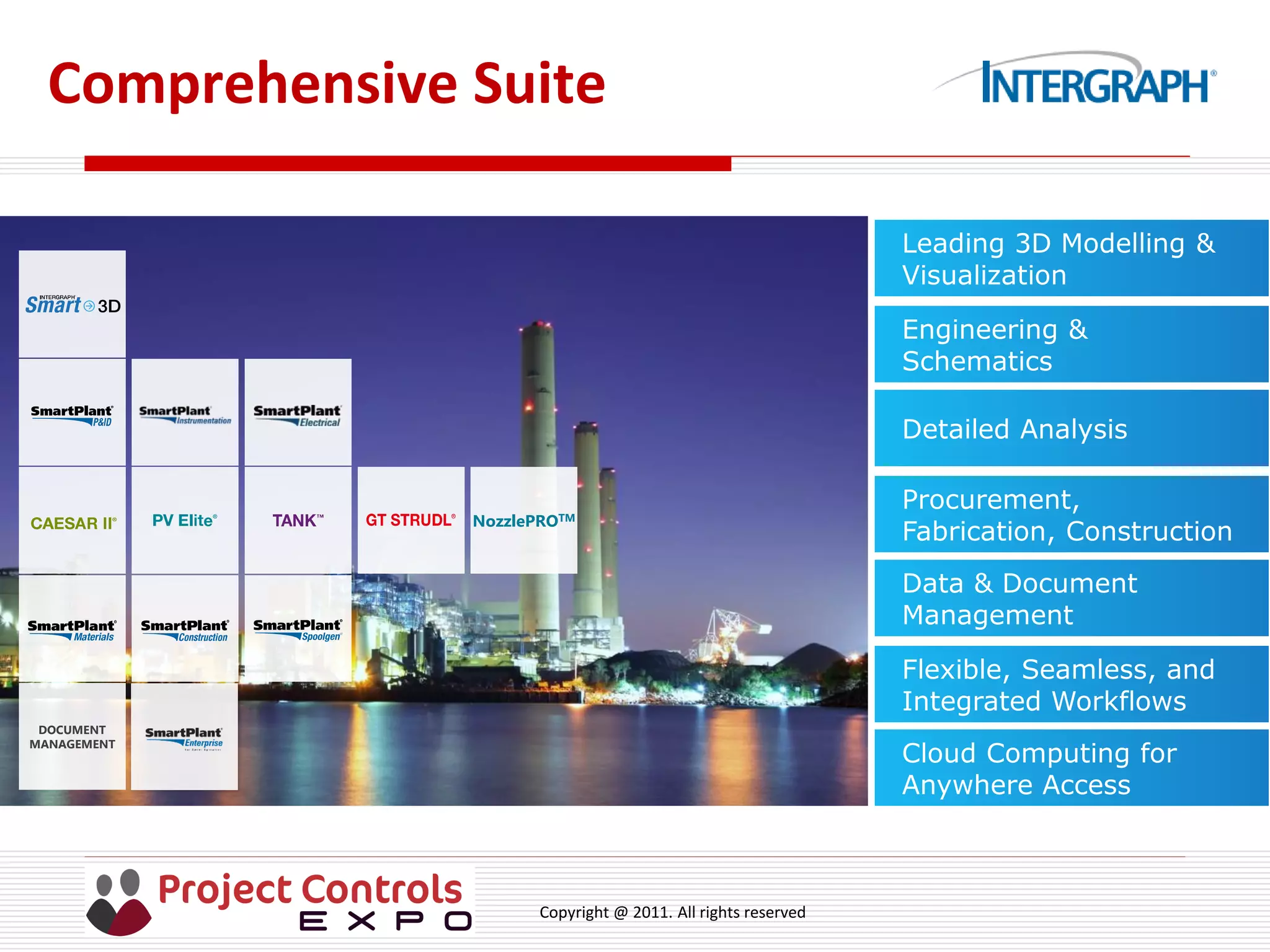 Copyright @ 2011. All rights reserved
Comprehensive Suite
NozzlePROTM
DOCUMENT
MANAGEMENT
Leading 3D Modelling &
Visualization
Engineering &
Schematics
Detailed Analysis
Procurement,
Fabrication, Construction
Data & Document
Management
Flexible, Seamless, and
Integrated Workflows
Cloud Computing for
Anywhere Access
 