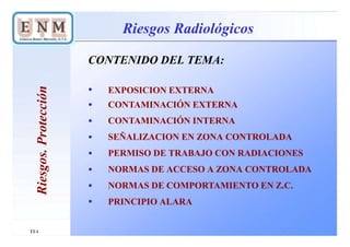 Riesgos.Protección
T2-1
Riesgos Radiológicos
CONTENIDO DEL TEMA:
•
•
•
•
•
•
•
•
EXPOSICION EXTERNA
CONTAMINACIÓN EXTERNA
CONTAMINACIÓN INTERNA
SEÑALIZACION EN ZONA CONTROLADA
PERMISO DE TRABAJO CON RADIACIONES
NORMAS DE ACCESO A ZONA CONTROLADA
NORMAS DE COMPORTAMIENTO EN Z.C.
PRINCIPIO ALARA
 