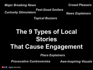 The 9 Types of Local
Stories
That Cause Engagement
Place Explainers
Crowd Pleasers
Curiosity Stimulators News Explainers
Major Breaking News
Feel-Good Smilers
Topical Buzzers
Provocative Controversies Awe-Inspiring Visuals
 