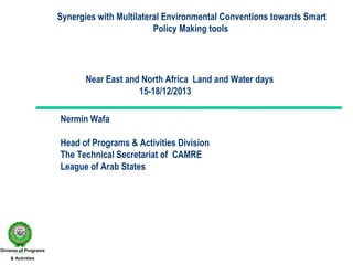 Synergies with Multilateral Environmental Conventions towards Smart
Policy Making tools

Near East and North Africa Land and Water days
15-18/12/2013
Nermin Wafa
Head of Programs & Activities Division
The Technical Secretariat of CAMRE
League of Arab States

Division of Programs
& Activities

 