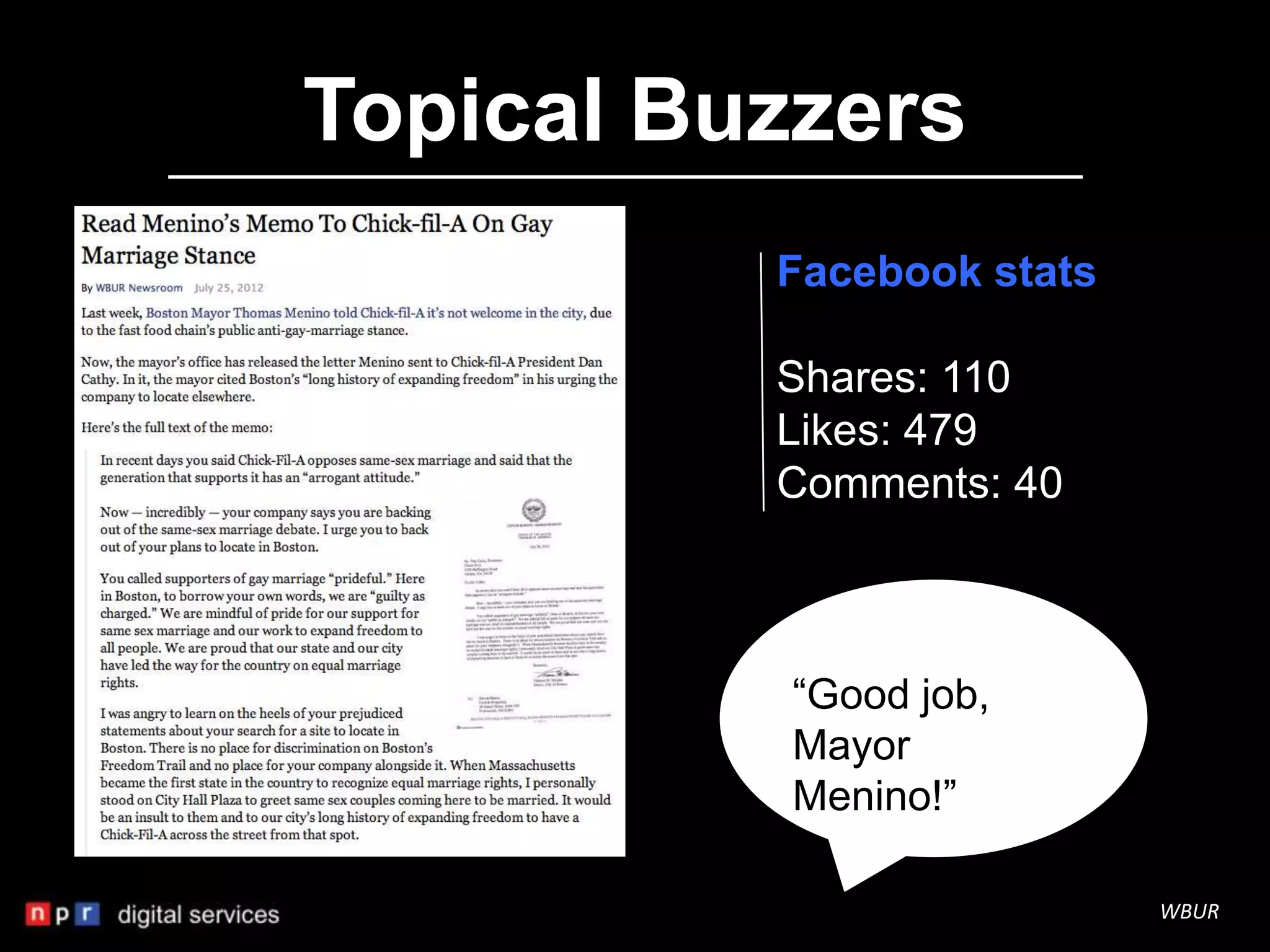 Topical Buzzers
          Facebook stats

          Shares: 110
          Likes: 479
          Comments: 40



           “Good job,
           Mayor
           Menino!”

                           WBUR
 