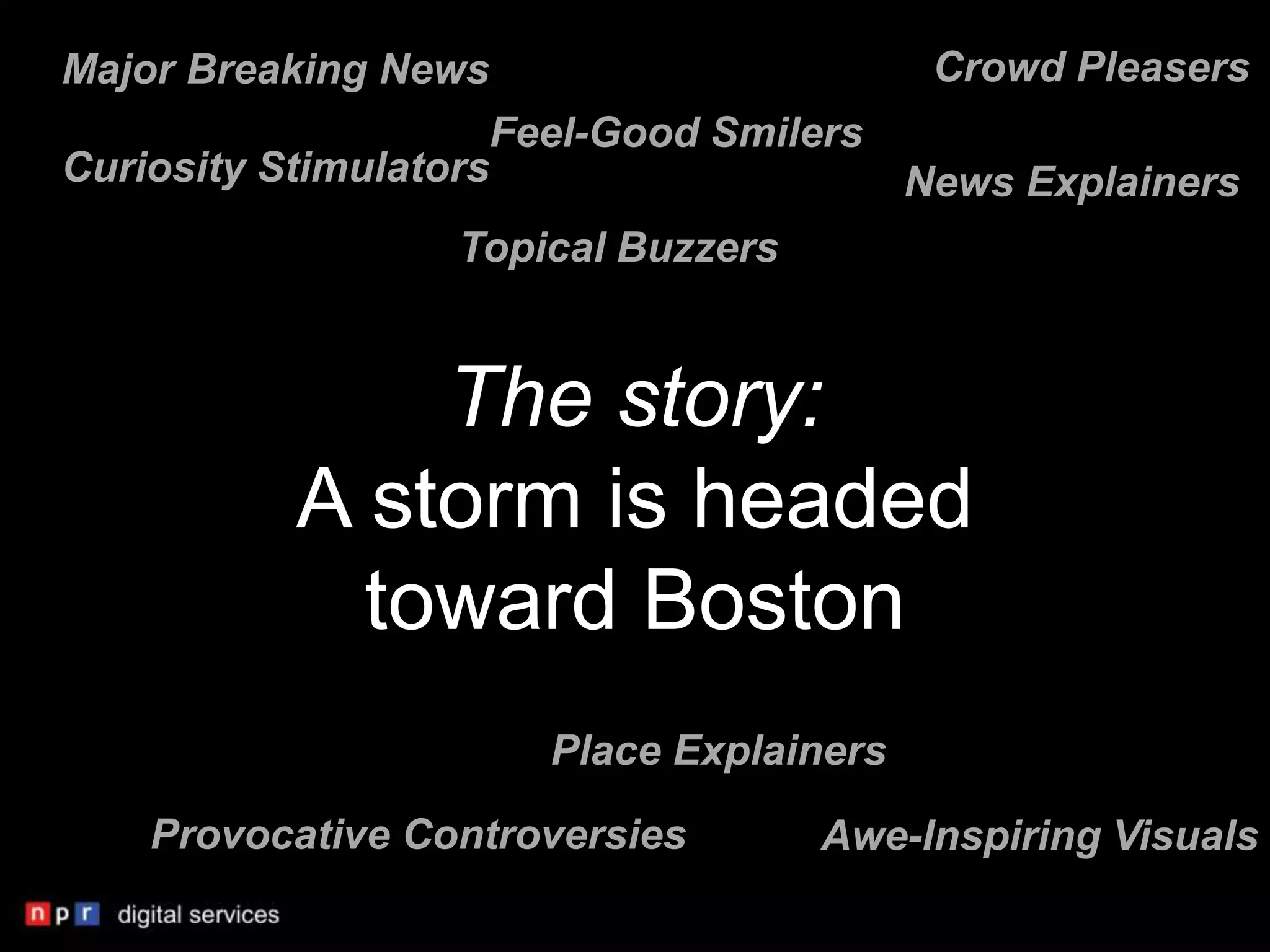 Major Breaking News                     Crowd Pleasers
                     Feel-Good Smilers
Curiosity Stimulators                  News Explainers
                  Topical Buzzers


              The story:
          A storm is headed
            toward Boston
                      Place Explainers
    Provocative Controversies       Awe-Inspiring Visuals
 