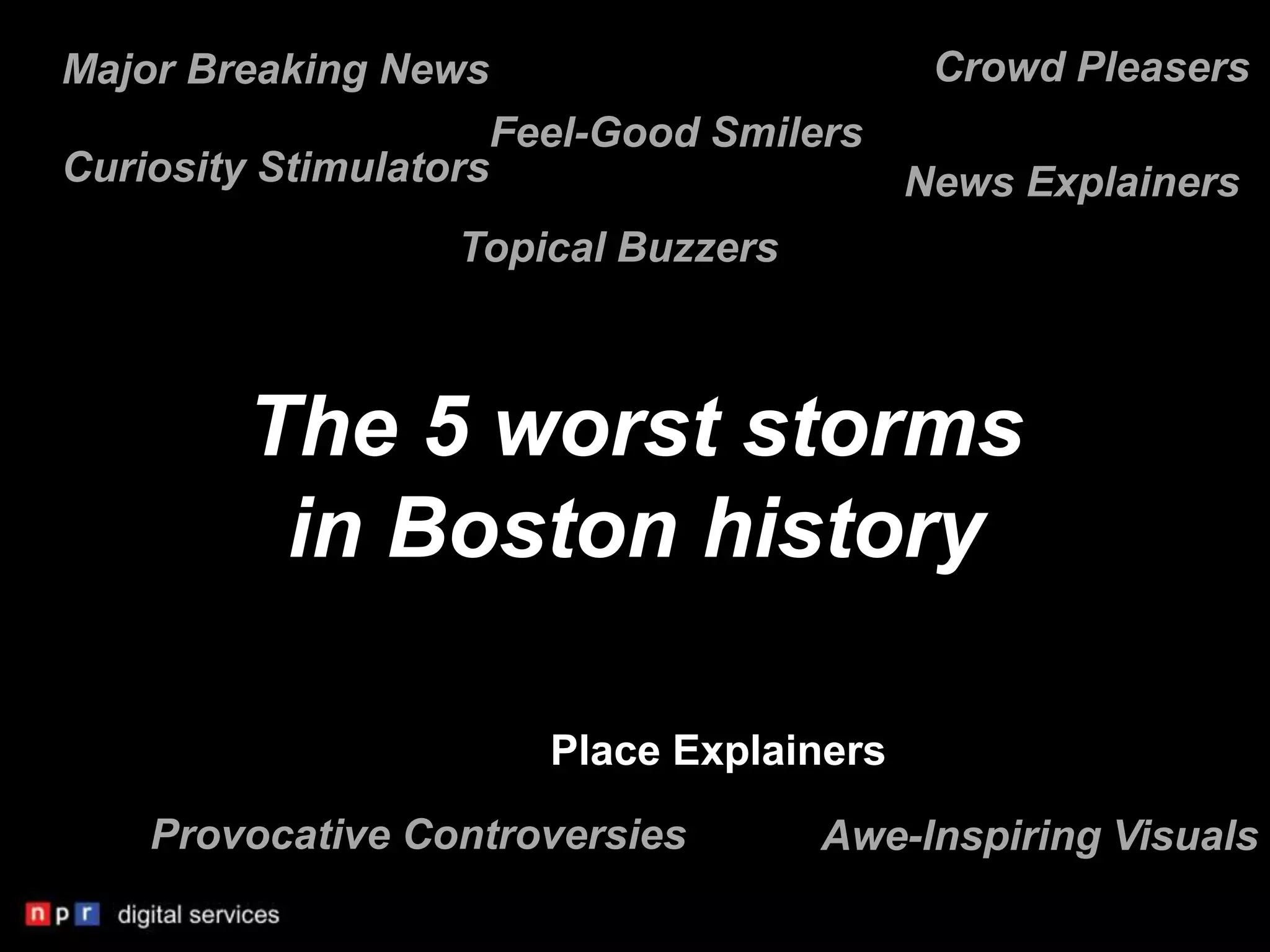 Major Breaking News                     Crowd Pleasers
                     Feel-Good Smilers
Curiosity Stimulators                  News Explainers
                  Topical Buzzers



        The 5 worst storms
         in Boston history

                      Place Explainers
    Provocative Controversies       Awe-Inspiring Visuals
 