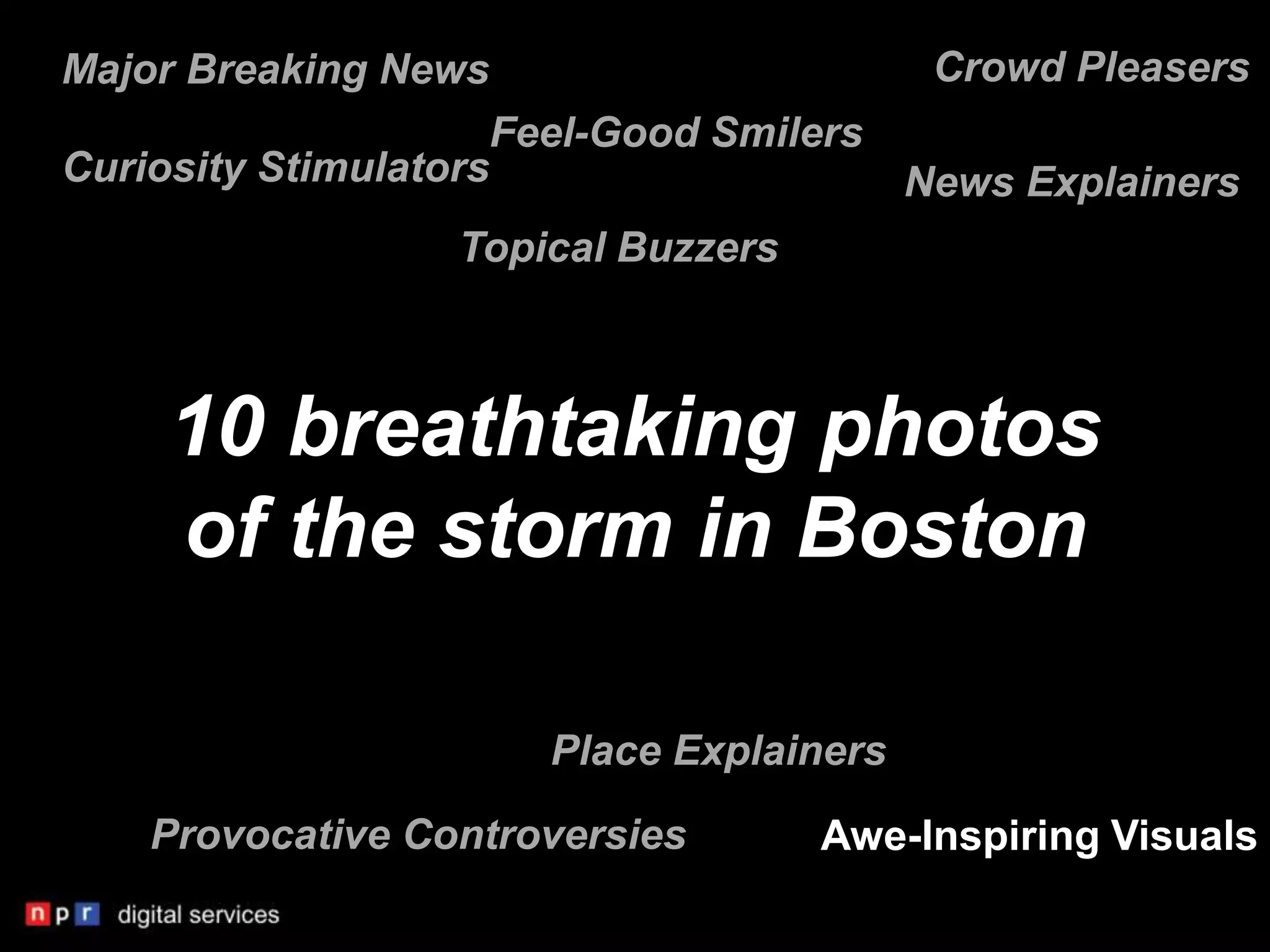Major Breaking News                     Crowd Pleasers
                     Feel-Good Smilers
Curiosity Stimulators                  News Explainers
                  Topical Buzzers



    10 breathtaking photos
    of the storm in Boston

                      Place Explainers
    Provocative Controversies       Awe-Inspiring Visuals
 