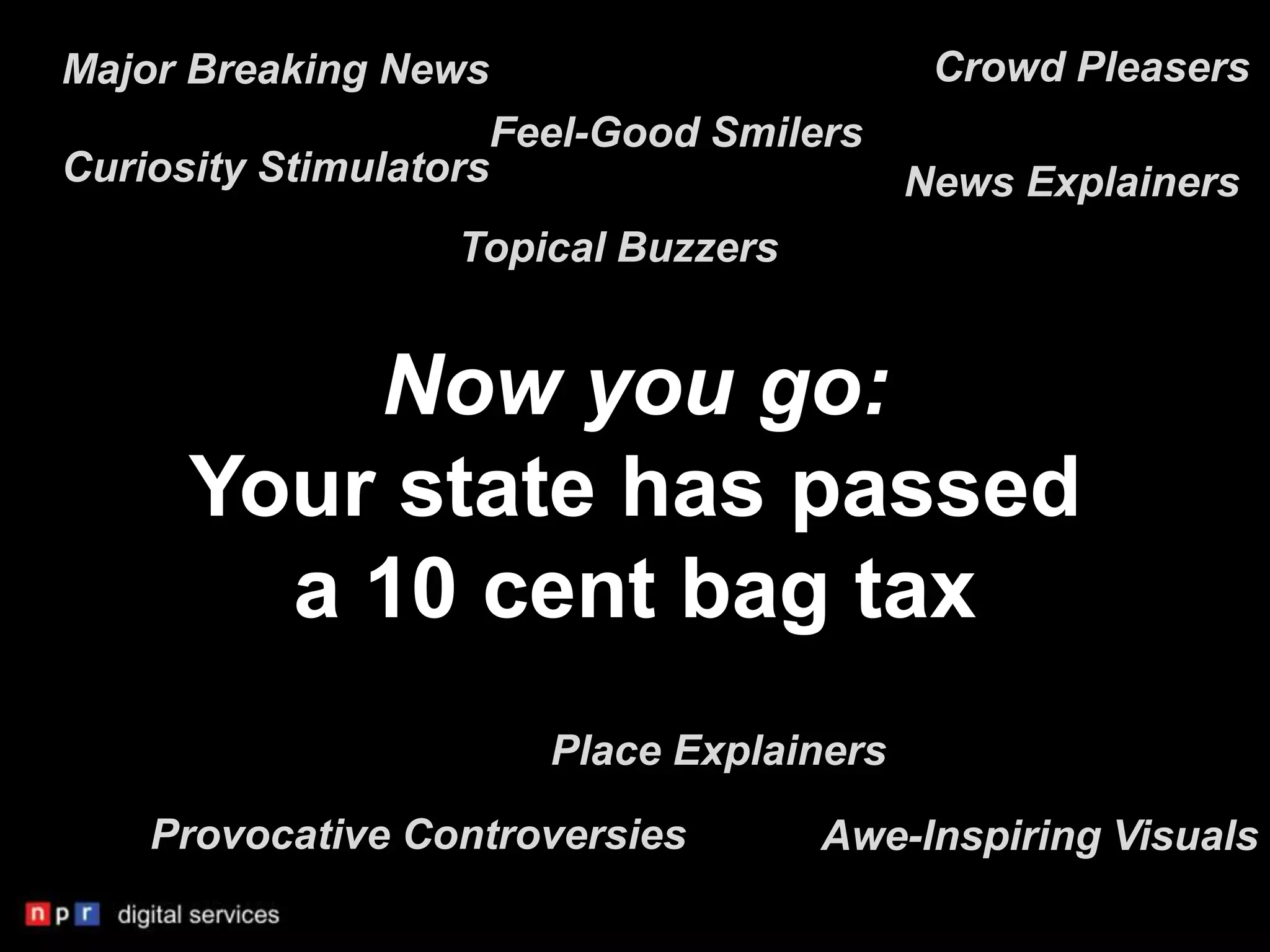 Major Breaking News                     Crowd Pleasers
                     Feel-Good Smilers
Curiosity Stimulators                  News Explainers
                  Topical Buzzers


         Now you go:
     Your state has passed
       a 10 cent bag tax
                      Place Explainers
    Provocative Controversies       Awe-Inspiring Visuals
 