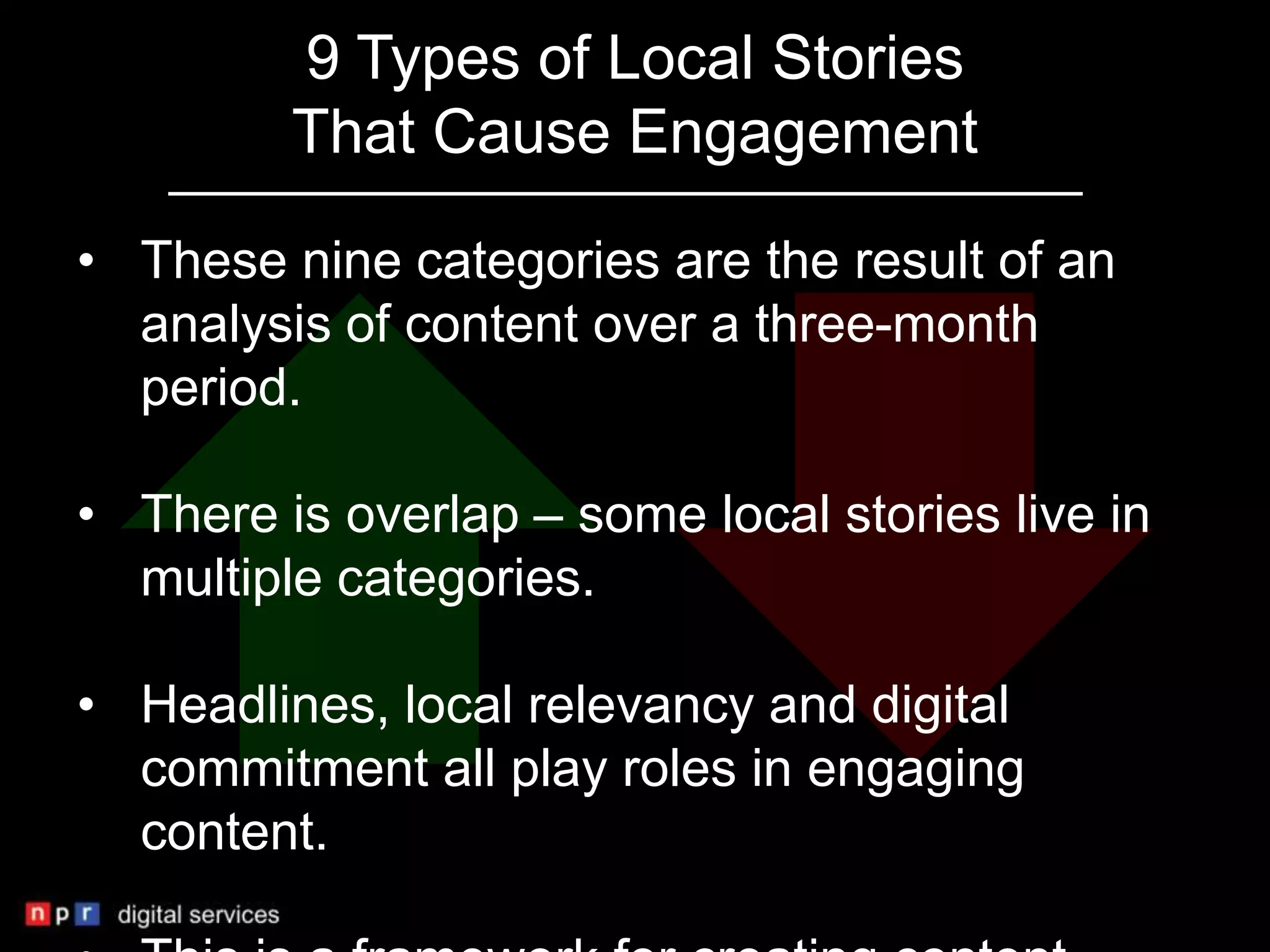 9 Types of Local Stories
         That Cause Engagement

• These nine categories are the result of an
  analysis of content over a three-month
  period.

• There is overlap – some local stories live in
  multiple categories.

• Headlines, local relevancy and digital
  commitment all play roles in engaging
  content.
 