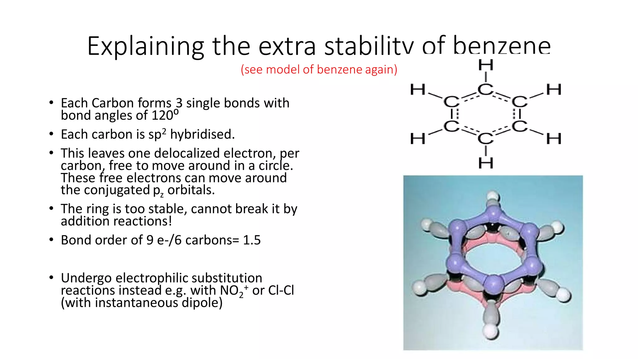 Explaining the extra stability of benzene
(see model of benzene again)
• Each Carbon forms 3 single bonds with
bond angles of 120⁰
• Each carbon is sp2 hybridised.
• This leaves one delocalized electron, per
carbon, free to move around in a circle.
These free electrons can move around
the conjugated pz orbitals.
• The ring is too stable, cannot break it by
addition reactions!
• Bond order of 9 e-/6 carbons= 1.5
• Undergo electrophilic substitution
reactions instead e.g. with NO2
+ or Cl-Cl
(with instantaneous dipole)
 