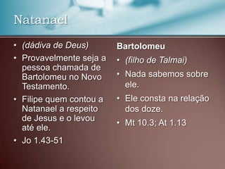 • (dádiva de Deus)
• Provavelmente seja a
pessoa chamada de
Bartolomeu no Novo
Testamento.
• Filipe quem contou a
Natanael a respeito
de Jesus e o levou
até ele.
• Jo 1.43-51
Bartolomeu
• (filho de Talmai)
• Nada sabemos sobre
ele.
• Ele consta na relação
dos doze.
• Mt 10.3; At 1.13
Natanael
 