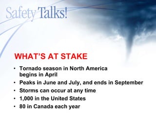 Tornado season in North America begins in April Peaks in June and July, and ends in September Storms can occur at any time 1,000 in the United States 80 in Canada each year WHAT’S AT STAKE 
