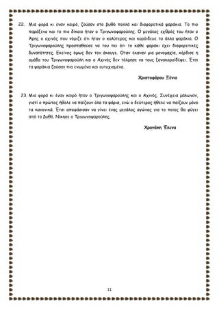 11
22. Μια φορά κι έναν καιρό, ζούσαν στο βυθό πολλά και διαφορετικά ψαράκια. Το πιο
παράξενο και το πιο δίκαιο ήταν ο Τριγωνοψαρούλης. Ο μεγάλος εχθρός του ήταν ο
Άρης ο αχινός που νόμιζε ότι ήταν ο καλύτερος και κορόιδευε τα άλλα ψαράκια. Ο
Τριγωνοψαρούλης προσπαθούσε να του πει ότι το κάθε ψαράκι έχει διαφορετικές
δυνατότητες. Εκείνος όμως δεν τον άκουγε. Όταν έκαναν μια μονομαχία, κέρδισε η
ομάδα του Τριγωνοψαρούλη και ο Αχινός δεν τόλμησε να τους ξανακοροϊδέψει. Έτσι
τα ψαράκια ζούσαν πια ενωμένα και ευτυχισμένα.
Χριστοφόρου Ξένια
23. Μια φορά κι έναν καιρό ήταν ο Τριγωνοψαρούλης και ο Αχινός. Συνέχεια μάλωναν,
γιατί ο πρώτος ήθελε να παίζουν όλα τα ψάρια, ενώ ο δεύτερος ήθελε να παίζουν μόνο
τα κανονικά. Έτσι αποφάσισαν να γίνει ένας μεγάλος αγώνας για το ποιος θα φύγει
από το βυθό. Νίκησε ο Τριγωνοψαρούλης.
Χρονάκη Έλενα
 