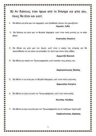 5
Β) Αν διάλεγες έναν ήρωα από το διήγημα για φίλο σου,
ποιος θα ήταν και γιατί;
1. Θα ήθελα για φίλο μου τον καρχαρία, γιατί βοηθούσε όποιον τον χρειαζόταν.
Αλμπάνη Λυδία
2. Θα διάλεγα για φίλο μου το Μεγάλο Καρχαρία, γιατί είναι πολύ φιλικός με τα άλλα
ψάρια.
Αναστασίου Νικολέτα
3. Θα ήθελα για φίλο μου τον Αχινό, γιατί είναι ο κακός της ιστορίας και θα
προσπαθούσα να τον κάνω να καταλάβει ότι αυτό που έκανε ήταν λάθος.
Δερμεντζή Βασιλική
4. Θα ήθελα για παρέα τον Τριγωνοψαρούλη, γιατί αγαπάει τους φίλους του.
Δημητρακόπουλος Βασίλης
5. Θα ήθελα το για φίλο μου το Μεγάλο Καρχαρία, γιατί είναι πολύ ευγενικός.
Δημοπούλου Κατερίνα
6. Θα ήθελα να είχα για φίλο τον Τριγωνοψαρούλη, γιατί είναι πολύ καλός.
Καπνίσης Λέανδρος
7. Θα ήθελα να έχω για φίλο μου τον Τριγωνοψαρούλη για να παίζουμε παρέα μαζί.
Καρβουνόπουλος Δημήτρης
 