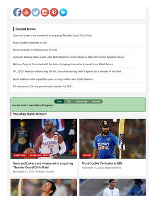 No live match currently in Progress!
Suns and Lakers are interested in acquiring Thunder Guard Chris Paul
Most Double Centuries in ODI
Most Centuries in International Cricket
Arsenal’s Bukayo Saka wants Jude Bellingham to remain fearless after ﬁrst senior England call-up
Nicolas Pepe is frustrated with his lack of playing time under Arsenal boss Mikel Arteta
IPL 2020: Mumbai Indians bag 5th IPL title after beating Delhi Capitals by 5 wickets in the ﬁnal
Boult addition in MI squad this year is icing on the cake: Rohit Sharma
F1 announces 23 race provisional calendar for 2021
Recent News
Live PSL Upcoming Recent
You May Have Missed
Suns and Lakers are interested in acquiring
Thunder Guard Chris Paul
BASKETBALL BASKETBALL NEWS
/November 11, 2020 Vaibhaiv Purohit
Most Double Centuries in ODI
CRICKET
/November 11, 2020 Arpit Sachdeva
 