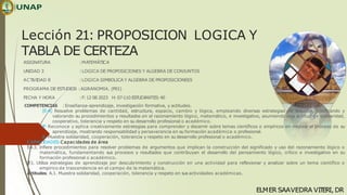 Lección 21: PROPOSICION LOGICA Y
TABLA DE CERTEZA
ELMER SAAVEDRA VIT
ERI, DR
ASIGNATURA
UNIDAD 3
ACTIVIDAD 8
:MATEMÁTICA
:LOGICA DE PROPOSICIONES Y ALGEBRA DE CONJUNTOS
:LOGICA SIMBOLICA Y ALGEBRA DE PROPOSICIONEES
PROGRAMA DE ESTUDIOS :AGRANOMIA. (P01)
FECHA Y HORA :F:12 08 2023 H: 07-110 ESTUDIANTES:40
COMPETENCIAS :Enseñanza-aprendizaje, investigación formativa, y actitudes.
(E-A) Resuelve problemas de cantidad, estructura, espacio, cambio y lógica, empleando diversas estrategias de solución, justificando y
valorando su procedimientos y resultados en el razonamiento lógico, matemático, e investigativo, asumiendo una actitud de solidaridad,
cooperativo, tolerancia y respeto en su desarrollo profesional o académico.
IF: Reconoce y aplica creativamente estrategias para comprender y discernir sobre temas científicos o empíricos en mejorar el proceso de su
aprendizaje, mostrando responsabilidad y perseverancia en su formación académica o profesional.
A: Muestra solidaridad, cooperación, tolerancia y respeto en su desarrollo profesional o académico.
CAPACIDADES:Capacidades de área
EA.3. Infiere procedimientos para resolver problemas de argumentos que implican la construcción del significado y uso del razonamiento lógico o
matemática, fundamentando sus procesos y resultados que contribuyan el desarrollo del pensamiento lógico, crítico e investigativo en su
formación profesional o académico.
IF
.1. Utiliza estrategias de aprendizaje por descubrimiento y construcción en una actividad para reflexionar y analizar sobre un tema científico o
empírico de trascendencia en el campo de la matemática.
Actitudes. A.1. Muestra solidaridad, cooperación, tolerancia y respeto en sus actividades académicas.
 