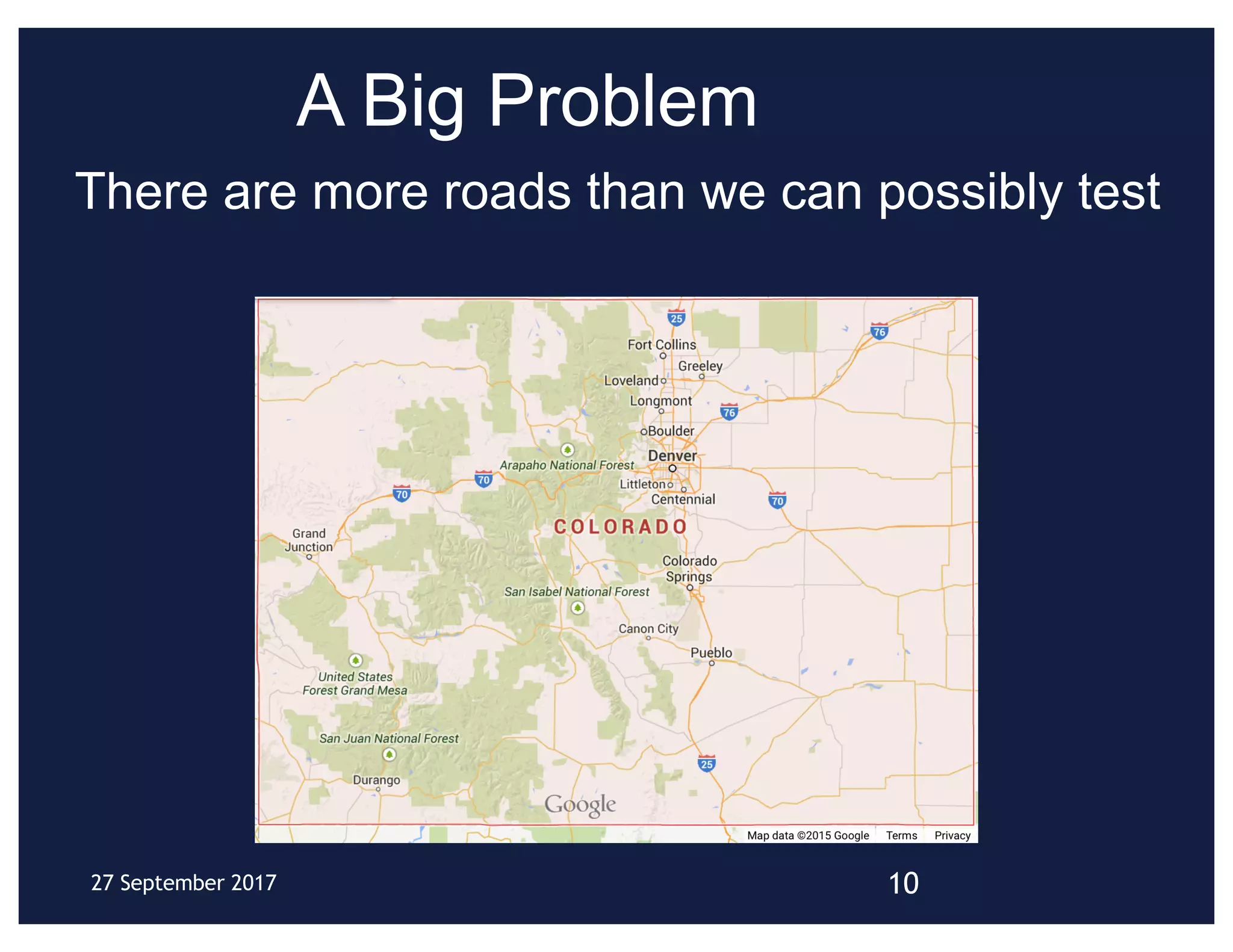 A Big Problem
1027 September 2017
There are more roads than we can possibly test
 