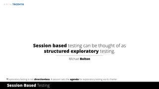 © 2017 by
Session-based testing can be thought of as
structured exploratory testing.
Michael Bolton
*Exploratory testing is not directionless. A session sets the agenda for exploratory testing via its charter.
Session-Based Testing
 