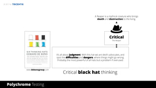 © 2017 by
It’s all about judgment. With this hat we are devil's advocates, and
spot the difficulties and dangers, where things might go wrong.
Probably the most powerful of all hats but a problem if overused.
Critical
The Reaper
www.debonogroup.com
Critical black hat thinking
Polychrome Testing
A Reaper is a mythical creature who brings
death and destruction to the living.
 