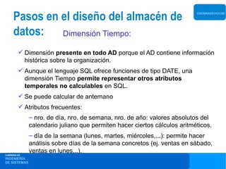 Pasos en el diseño del almacén de                                     DATAWAREHOUSE




     datos:   Dimensión Tiempo:

         Dimensión presente en todo AD porque el AD contiene información
          histórica sobre la organización.
         Aunque el lenguaje SQL ofrece funciones de tipo DATE, una
          dimensión Tiempo permite representar otros atributos
          temporales no calculables en SQL.
         Se puede calcular de antemano
         Atributos frecuentes:
              – nro. de día, nro. de semana, nro. de año: valores absolutos del
              calendario juliano que permiten hacer ciertos cálculos aritméticos.
              – día de la semana (lunes, martes, miércoles,...): permite hacer
              análisis sobre días de la semana concretos (ej. ventas en sábado,
              ventas en lunes,..).
CARRERA DE
INGENIERÍA
DE SISTEMAS
 