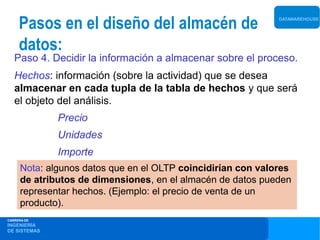 Pasos en el diseño del almacén de                       DATAWAREHOUSE




     datos:
   Paso 4. Decidir la información a almacenar sobre el proceso.
   Hechos: información (sobre la actividad) que se desea
   almacenar en cada tupla de la tabla de hechos y que será
   el objeto del análisis.
              Precio
              Unidades
              Importe
     Nota:....
           algunos datos que en el OLTP coincidirían con valores
     de atributos de dimensiones, en el almacén de datos pueden
     representar hechos. (Ejemplo: el precio de venta de un
     producto).
CARRERA DE
INGENIERÍA
DE SISTEMAS
 