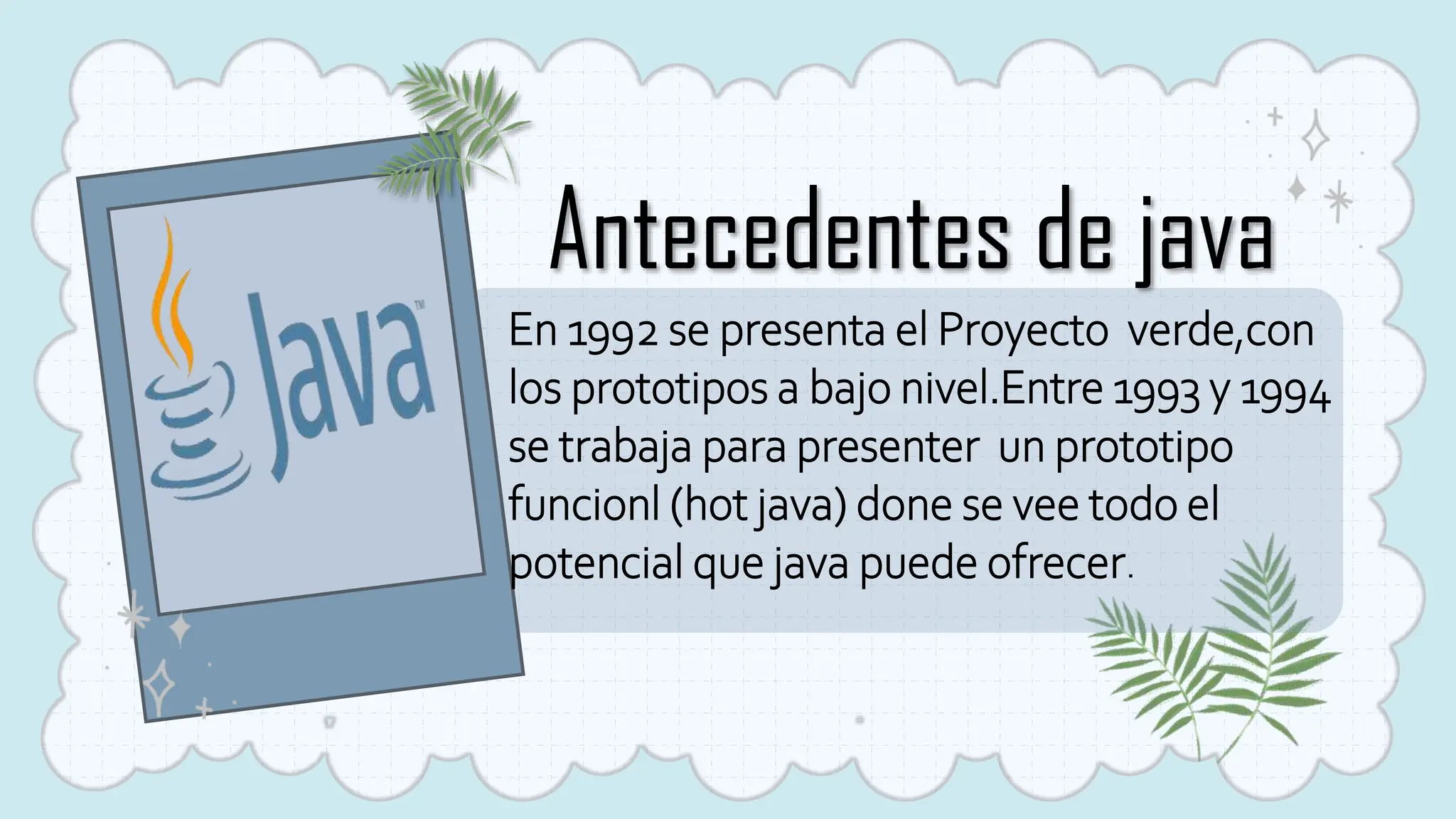 Antecedentes de java
En 1992 se presenta el Proyecto verde,con
los prototipos a bajo nivel.Entre 1993 y 1994
se trabaja para presenter un prototipo
funcionl (hot java) done se vee todo el
potencial que java puede ofrecer.
 