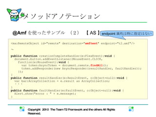 メソッドアノテーション @Amf を使ったサンプル （２） 【 AS 】 <mx:RemoteObject id="remote" destination=" amftest " endpoint="t2.amf"/> ～  public   function  creationCompleteHandler(e:FlexEvent): void  { document.button.addEventListener(MouseEvent.CLICK,  function(e:MouseEvent): void  { var token:AsyncToken = document.remote. findAll (); token.addResponder(new AsyncResponder(resultHandler, faultHandler)); }); } public   function  resultHandler(e:ResultEvent, o:Object=null): void  { var bar:ArrayCollection = e.result as ArrayCollection; ・・・ } public   function  faultHandler(e:FaultEvent, o:Object=null): void  { Alert.show("error : " + e.message); } endpoint 属性は特に指定はない 