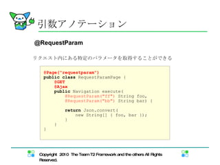 @RequestParam 引数アノテーション リクエスト内にある特定のパラメータを取得することができる @Page("requestparam") public   class  RequestParamPage { @GET @Ajax public  Navigation execute( @RequestParam("ff")  String foo, @RequestParam("bb")  String bar) { return  Json.convert( new String[] { foo, bar }); } } } 