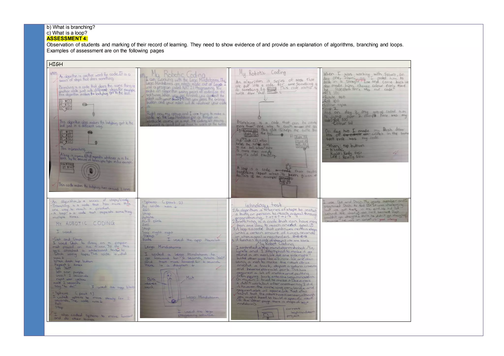 b) What is branching?
c) What is a loop?
ASSESSMENT 4:
Observation of students and marking of their record of learning. They need to show evidence of and provide an explanation of algorithms, branching and loops.
Examples of assessment are on the following pages
HIGH
 