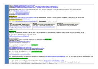 Algorithm https://www.youtube.com/watch?v=FHsuEh1kJ18
Loops https://www.youtube.com/watch?v=JoKTqHCni0M https://www.youtube.com/watch?v=mgooqyWMTxk
Debugging https://www.youtube.com/watch?v=g9lQgtcHGRg https://www.youtube.com/watch?v=ILgKunIAdqM
STUDENT TASK: Students choose a course from one of the levels below, depending on their level of coding. Students spend 1-2 lessons getting familiar with coding.
Beginner: https://studio.code.org/s/course1
Intermediate: https://studio.code.org/s/course2
Advanced 1: https://studio.code.org/s/course3
Advanced 2: https://studio.code.org/s/course4
ASSESSMENT 1:
Students play https://studio.code.org/s/course3/stage/3/puzzle/1 for 15 minutes only. Their level is recorded. If students complete the 12 levels they go onto the next stage
https://studio.code.org/s/course3/stage/5/puzzle/1
MODIFIED ASSESSMENT 1:
Students play https://studio.code.org/s/course3/stage/2/puzzle/1 for 15 minutes only. Their level is recorded.
HIGH MEDIUM DEVELOPING
The student completes all 15 levels of pencil
artist, which is Stage 3 in the given time frame
https://studio.code.org/s/course3/stage/3/puzzle/1
In addition, they complete at least 3 levels of
Stage 5.
The students completes at least 6 levels of pencil
artist, which is stage 3 in the given time frame
https://studio.code.org/s/course3/stage/3/puzzle/1
The student completes less than 6 levels of pencil
artist, which is stage 3 in the given time frame
GAME DESIGN
Give student their assessment rubric/task so they are aware of their long term goal (ie to design and make a game using Scratch).Discuss criteria but don’t let them start yet.
As a class, discuss what makes a good game. Useful website:
http://www.bbc.co.uk/guides/zw96tfr#zpxbgk7
Scratch introduction
Introduce students to Scratch. Work through, step by step as a class how to make a maze game.
Useful video link tutorial:
https://www.youtube.com/watch?v=jFnTQ34dZcY
Useful resource: Maze code explained word doc.
Work though, step by step as a class how to make a pong game.
Useful video link tutorials:
https://www.youtube.com/watch?v=9TYA3XTpYGM
https://www.youtube.com/watch?list=PL2E6EED8E1A69F2A5&v=DwVPy0iAJ2M
Useful resources: Stick code and pong game code explained word documents.
Word though, step by step as a class how to make a space invaders game
Useful video link tutorial:
https://www.youtube.com/watch?v=8RIJqEqZ_zU
Allow student to play and explore pre-made scratch games by other people online https://scratch.mit.edu/explore/projects/games/ Once they play a game they can look inside and see the code.
SCRATCH ASSIGNMENT: Game design
1. Copy right: As a class read through the terms and conditions of Scratch https://scratch.mit.edu/help/faq/#about-scratch
2. Students will need to create a folder on their h-drive called Scratch. Inside this file they need to create 2 other folders, one for images and the other for audio.
3. When working with Scratch students need to save their projects within Scratch. The file extension is .sb
 