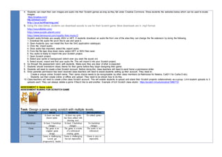 4. Students can insert their own images and audio into their Scratch games as long as they fall under Creative Commons. Show students the websites below which can be used to locate
images:
https://pixabay.com/
http://photopin.com/
http://pics.tech4learning.com/
5. Using the sites below, students can download sounds to use for their Scratch game. Most downloads are in .mp3 format.
http://soundbible.com/
http://www.purple-planet.com/
http://www.bensound.com/royalty-free-music/2
Scratch audio formats are usually WAV or AIFF. If students download an audio file from one of the sites they can change the file extension by doing the following.
1. Download the audio file you'd like to use and save it.
2. Open Audacity (you can install this from the SAC application catalogue).
3. Click, file, import audio
4. Once audio has imported, select file, export audio
5. From the file type drop down menu select AIFF or WAV then save
6. You audio is ready to import into your Scratch project.
7. Open Scratch project.
8. Select your sprite or background (which ever you want the sound on)
9. Select sound, import and find your audio file. This will import it into your Scratch project.
6. Go through the assessment rubric with students. Make sure they are clear of what is expected.
7. Students should brainstorm ideas, theme for their game before they begin designing their game.
8. Students will need to create a free Scratch account. Before doing this, class teachers will need to send home a permission letter.
9. Once parental permission has been received class teachers will need to assist students setting up their account. They need to:
- Create a unique online Scratch name. Their name choice needs to be recognizable by other class members (ie Natmoose for Natalia, CatD11 for Cartia D etc).
- Students can then create online or offline and upload. They need to be shown how to do this.
10.Class teachers will need to create a free class Scratch account. This will enable students to upload and share their Scratch projects collaboratively as a group. Limit student uploads to 3
uploads each. They can always delete a game if they’d like to add another. Example of 5JV Scratch class studio: https://scratch.mit.edu/studios/1986772/
ASSESSMENT 2: Game rubric
ASSESSMENT RUBRIC FOR SCRATCH GAME
Task: Design a game using scratch with multiple levels.
CATEGORY HIGH MEDIUM DEVELOPING
Sprites At least one hand
drawn sprite.
At least one sprite
has been edited with
drawing tool.
No edited sprites.
Backdrops At least 3 backdrop
changes.
At least 2 backdrop
changes.
No backdrop
changes.
Game The game is an
original game
design.
The game is a remix
of a referenced
existing game.
The remix is not
referenced.
Game Game is challenging.
Levels get
progressively harder.
Game is challenging
but not impossible.
Game is easy or
impossible.
 