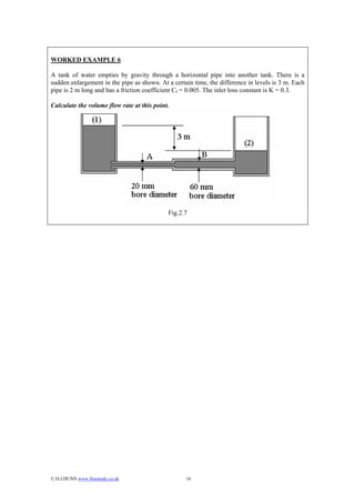 WORKED EXAMPLE 6

A tank of water empties by gravity through a horizontal pipe into another tank. There is a
sudden enlargement in the pipe as shown. At a certain time, the difference in levels is 3 m. Each
pipe is 2 m long and has a friction coefficient Cf = 0.005. The inlet loss constant is K = 0.3.

Calculate the volume flow rate at this point.




                                            Fig.2.7




© D.J.DUNN www.freestudy.co.uk                    16
 